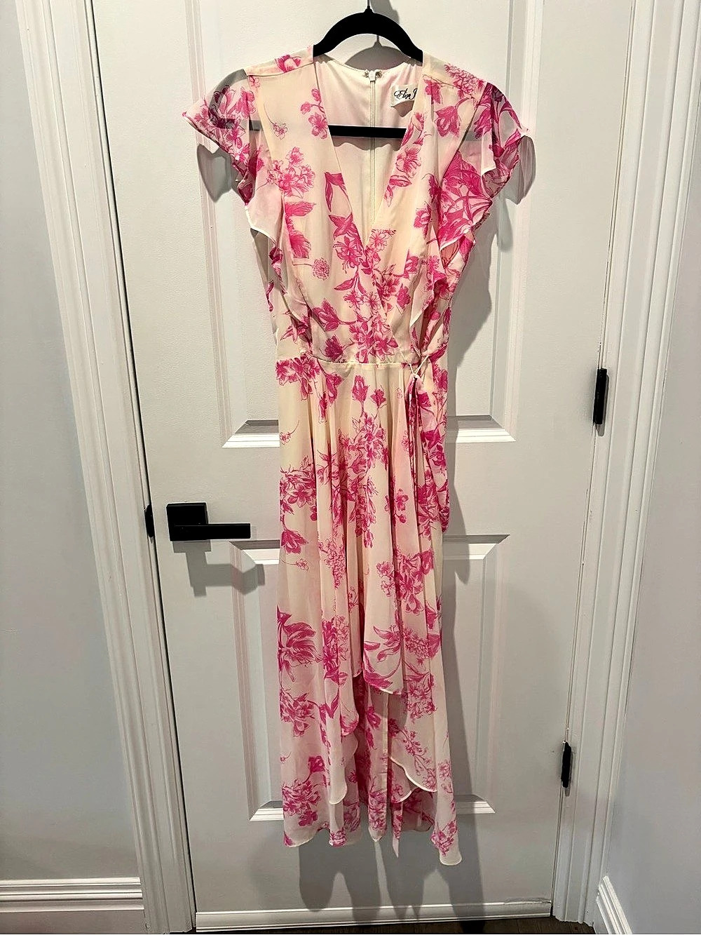 Eliza J Floral Flutter Sleeve High-Low Midi Dress Pink & White